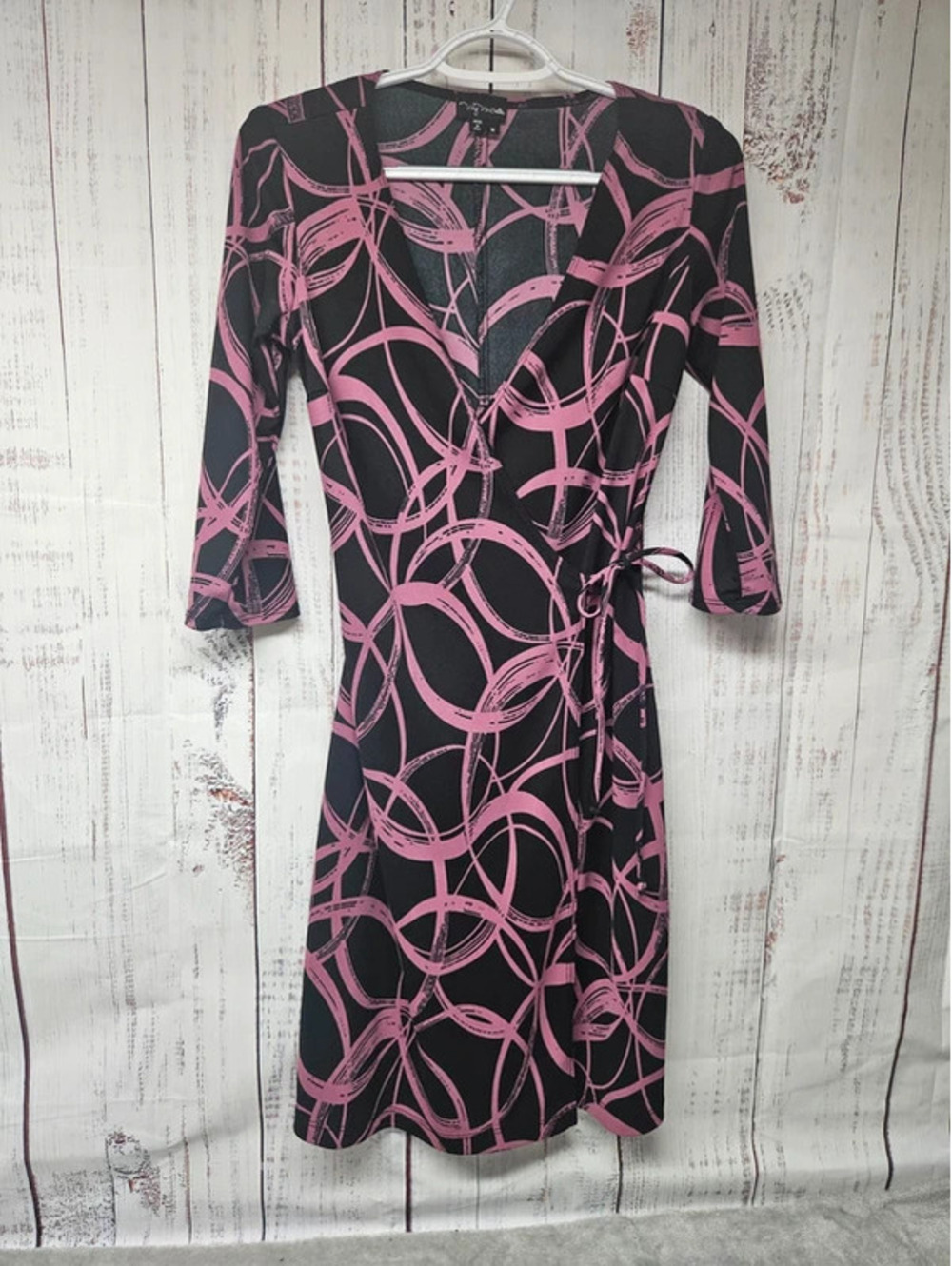 Vintage My Michelle Wrap Dress Womens Medium Black Pink Abstract Y2K 3/4 Sleeve